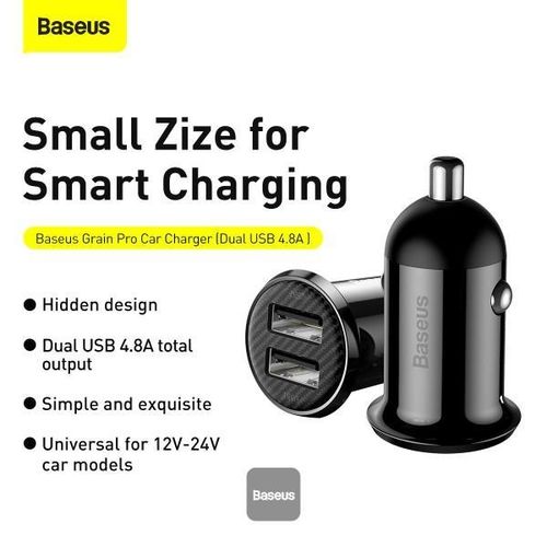 Baseus Grain Pro Car Charger , 2 Ports , USB , 24 Watt , 24 Volt , Black - CCALLP-01