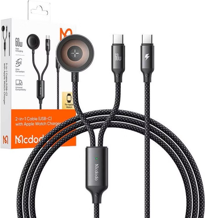 Mcdodo Multi Ports 2-in-1 Charging Cable with Apple Watch Charger 1.2 Meter Black - CA-2200
