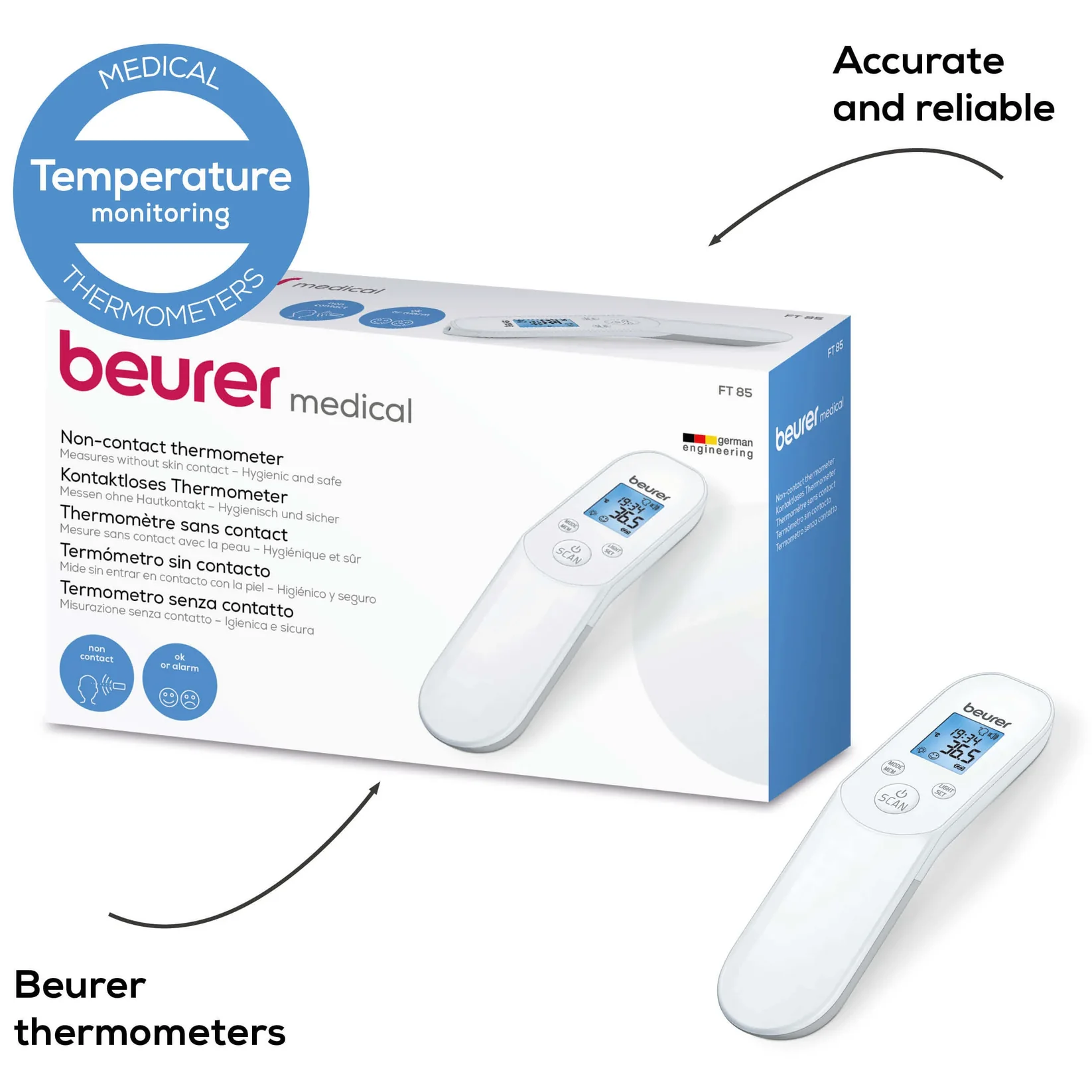 Beurer Non-Contact Infrared Thermometer , White Grey - FT 85