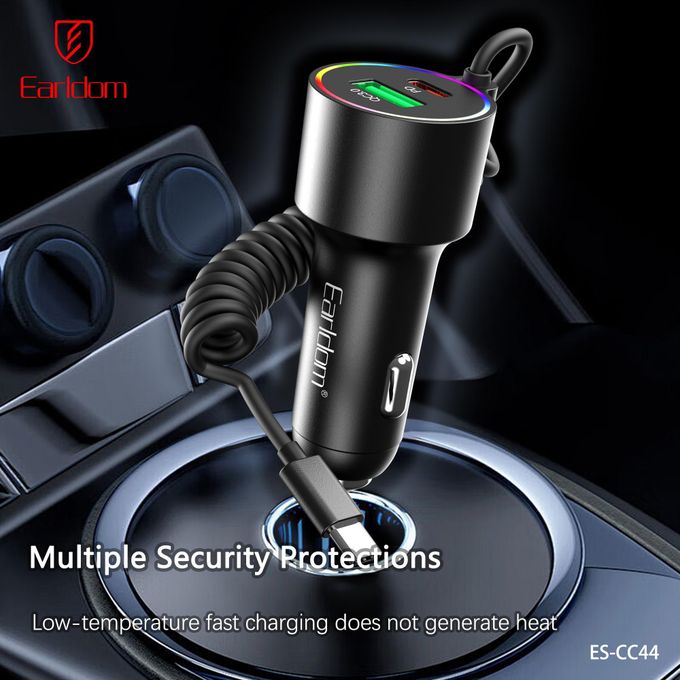 Earldom Car Charger with Cable Type C , 2 Ports , Dual Ports Type C and A , 83 Watt , Black - ES-CC44