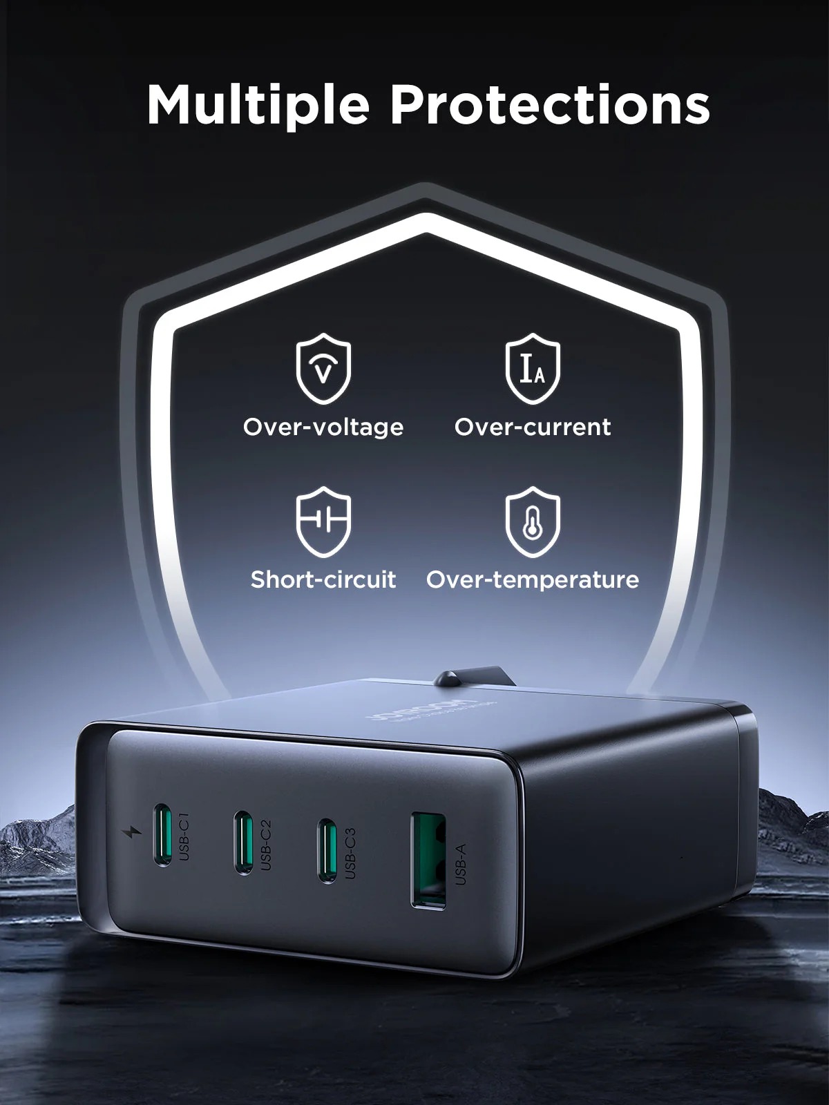 شاحن مع كابل Type C جوي روم ، عدد 4 منفذ متعدد المنافذ ، قدرة 140 وات ، اسود - JR-TCG05