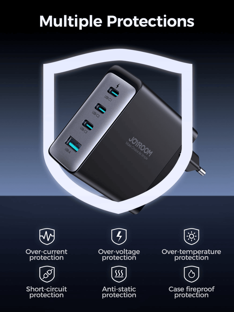 شاحن مع كابل Type C جوي روم Ultra ، عدد 4 منفذ منفذين نوع C و A ، قدرة 100 وات ، اسود - JR-TCG04EU