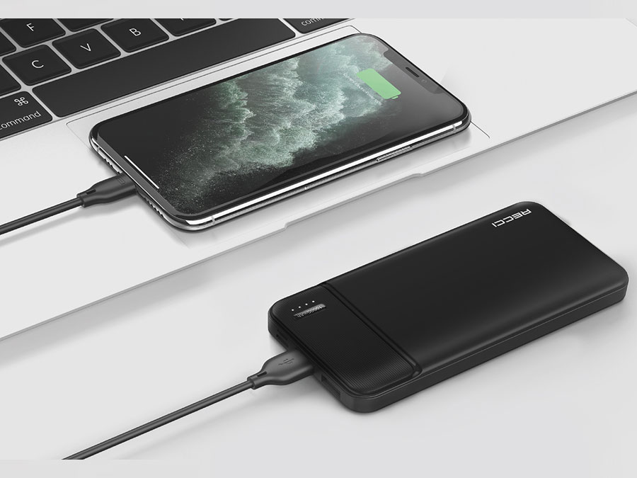 Recci Wired Power Bank , 10000 mAh 2 Ports , Black , RPB-N16