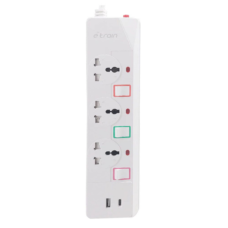 مشترك كهربائي اي ترين ، عدد 2منفذ 3 منافذ + 1 USB + 1 USB-C 2.4 امبير ،ابيض - PS074