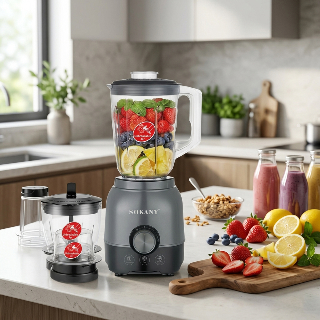 Sokany 3 in 1 Countertop Blender 1.6 Liter 1500 Watt Silver - SK-03062N