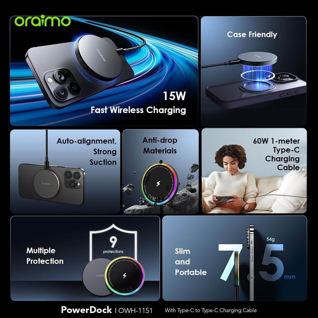 Oraimo PowerDock Wireless Charging Pad , 15 Watt , Black - OWH-1151