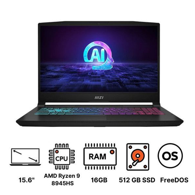 لاب توب ام اس اي Katana A15 AI B8VE ، معالج ايه ام دي رايزن 9 8945HS 15.6 بوصة ، هارد 512 جيجا بايت ، رام 16 جيجا بايت ، كارت شاشة انفيديا جي فورس RTX 4050 ،فري دوس - اسود