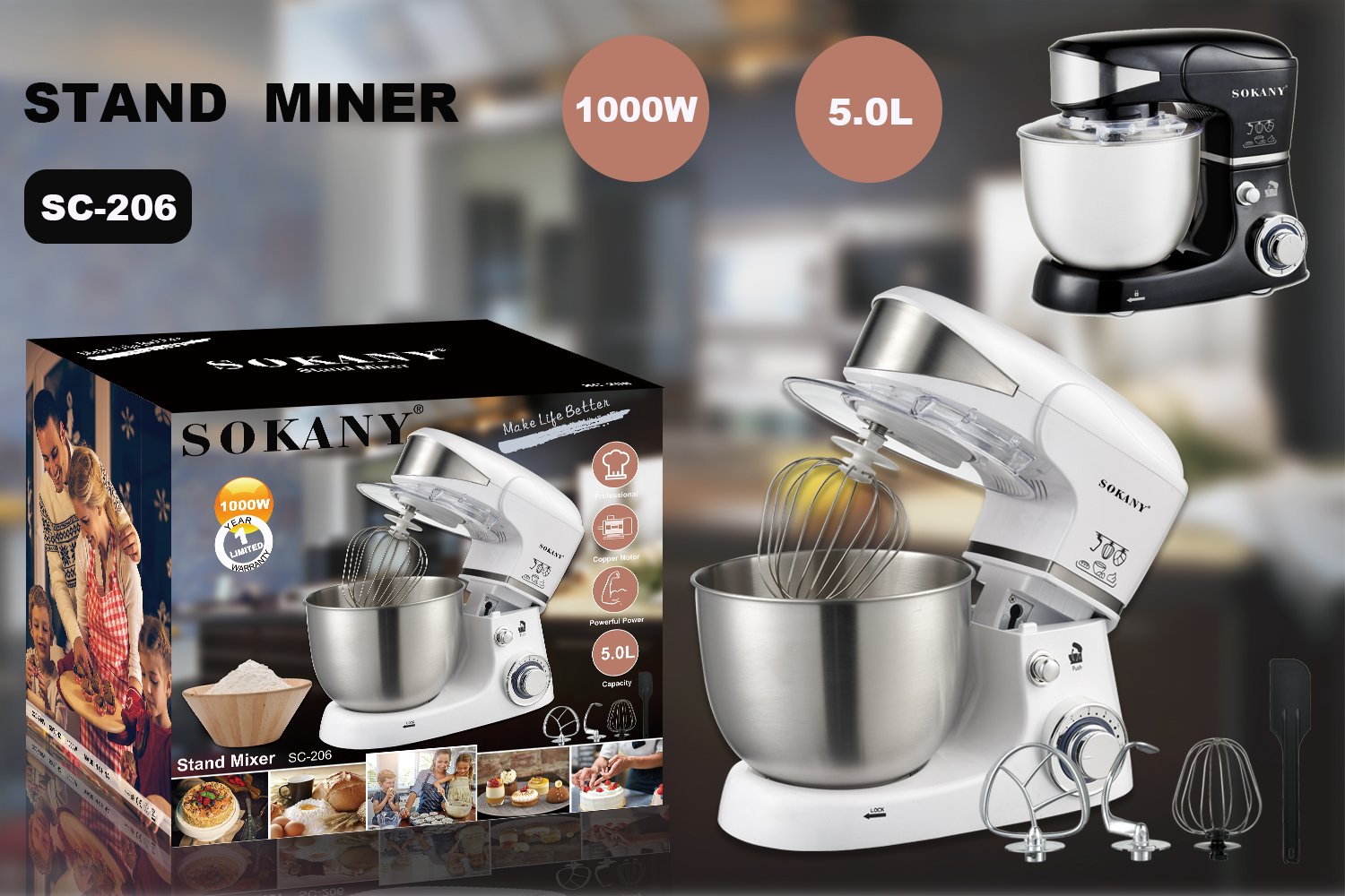 Sokany Stand Mixer with Attachments 5 Liter White - SC-206