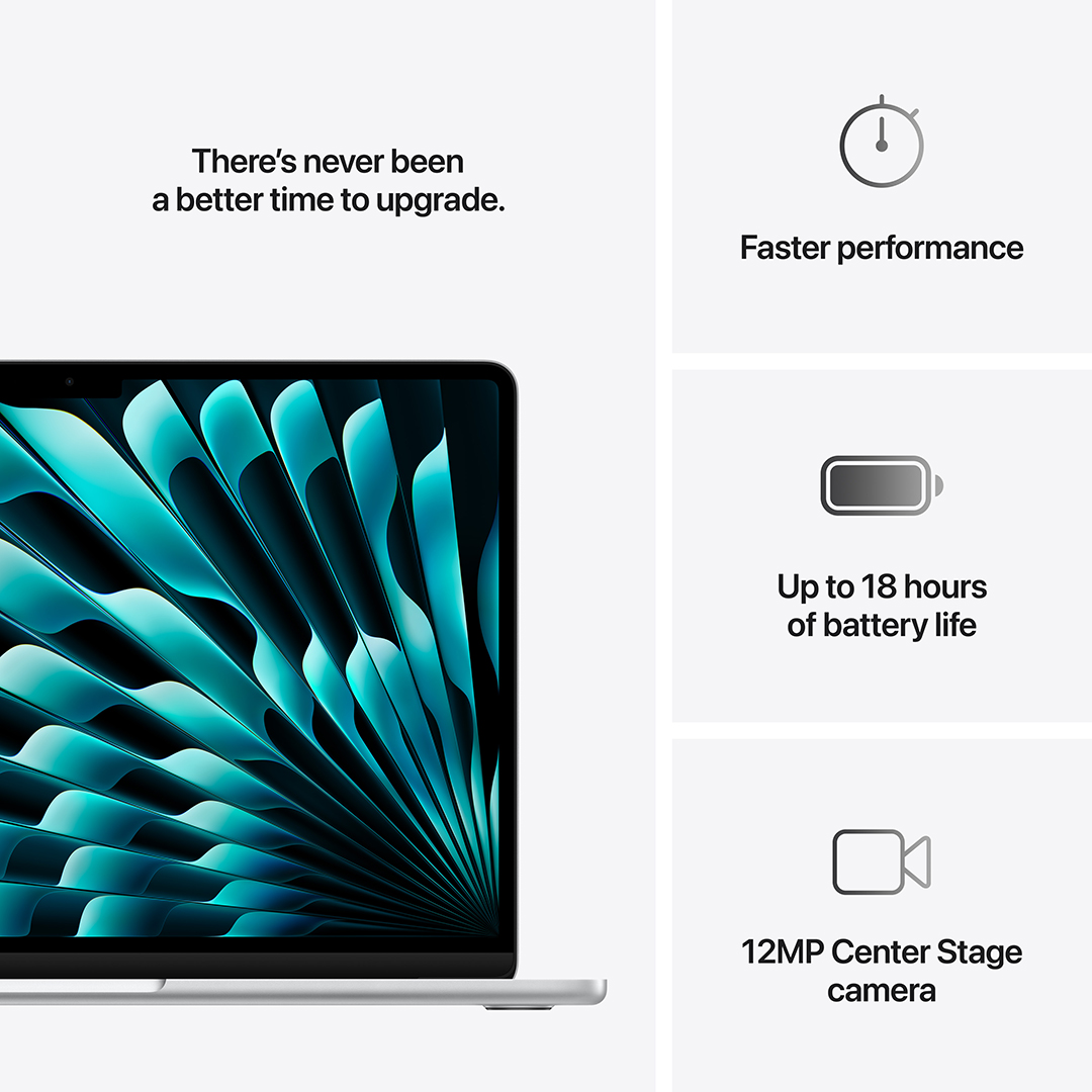 لاب توب ابل MacBook Air ، معالج شريحة ابل M4 مع معالج 10 نواة 13.6 بوصة ، هارد 512 جيجا بايت SSD ، رام 24 جيجا بايت ، كارت شاشة معالج رسومات ابل 8 نواة ،macOS - فضي