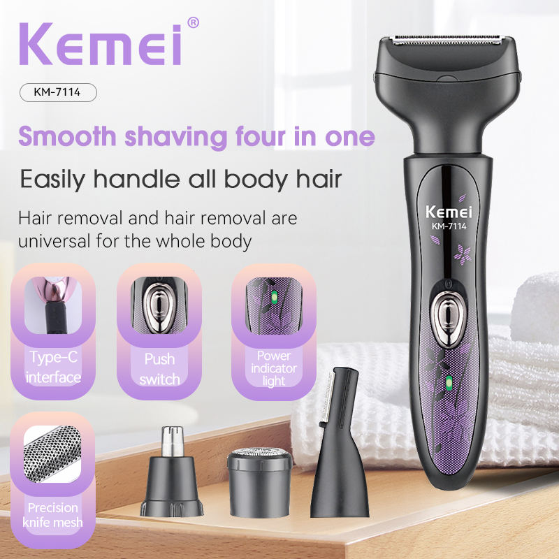 Kemei 4 in 1 Epilator with Attachments Black Purple - KM-7114